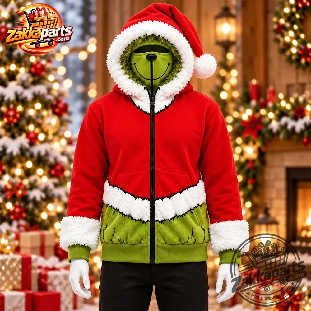 GrinchHoodMas-Green-Christmas-Mask-Zip-Up-Hoodie4 Grinch HoodMas Green Christmas Mask Zip-Up Hoodie – image 5 of 5